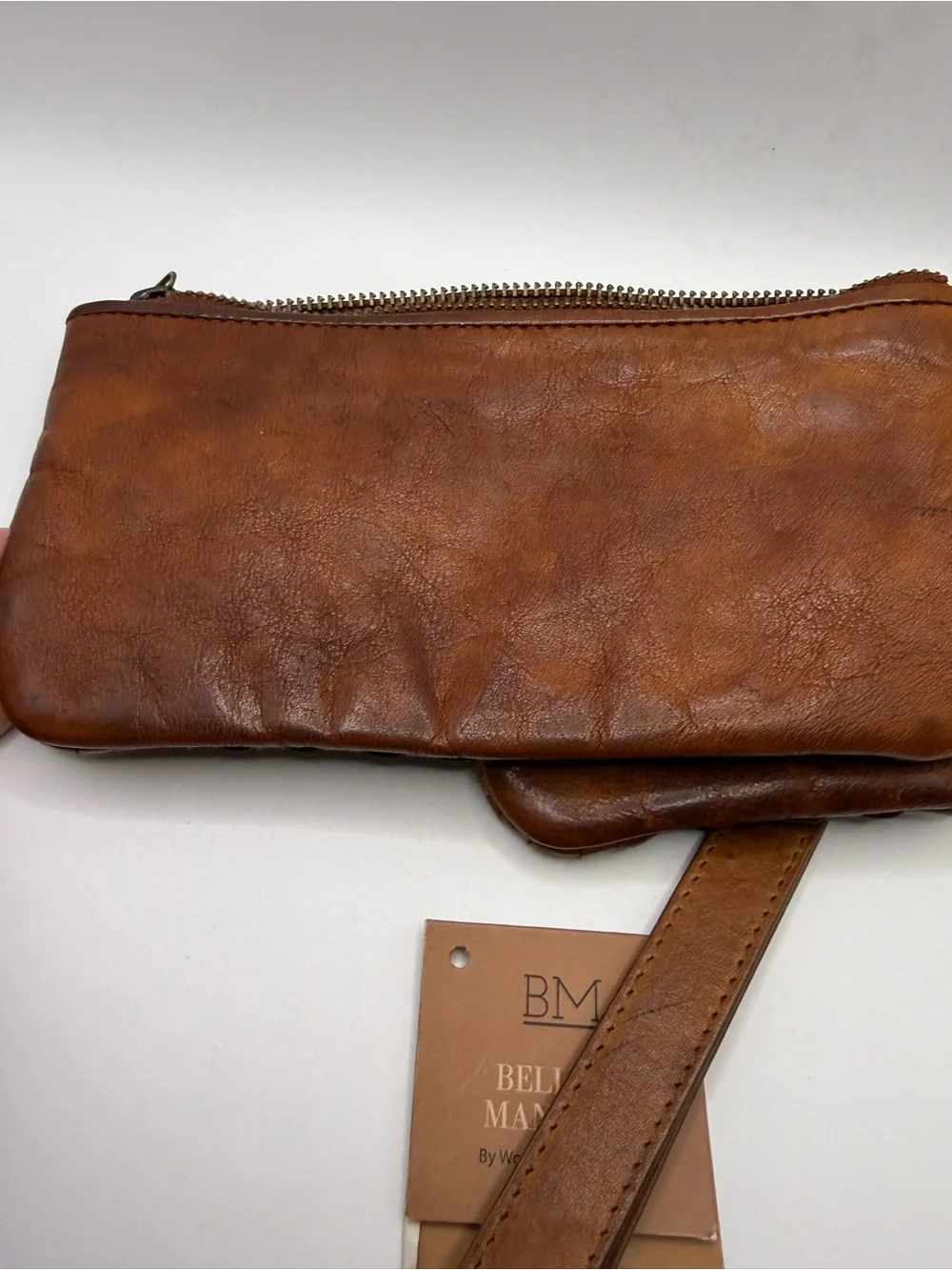 Belleza Mandoza Brown Woven Leather Wristlet with Coin Pouch NWT